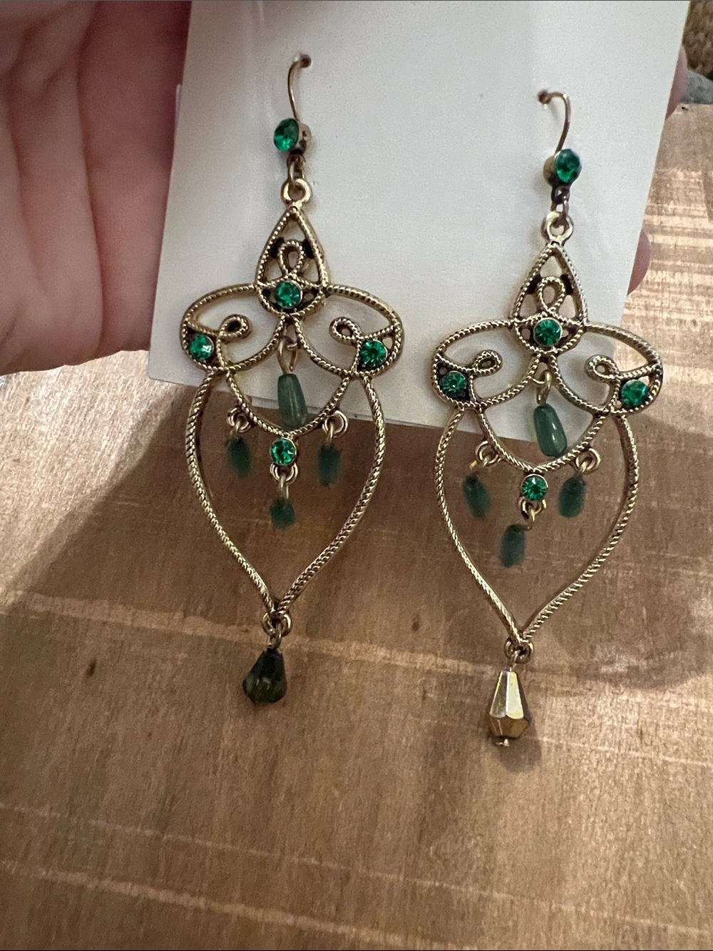 3/$18 Gold-Tone Filigree Drop Earrings with Emerald Green Stones - Lot 345